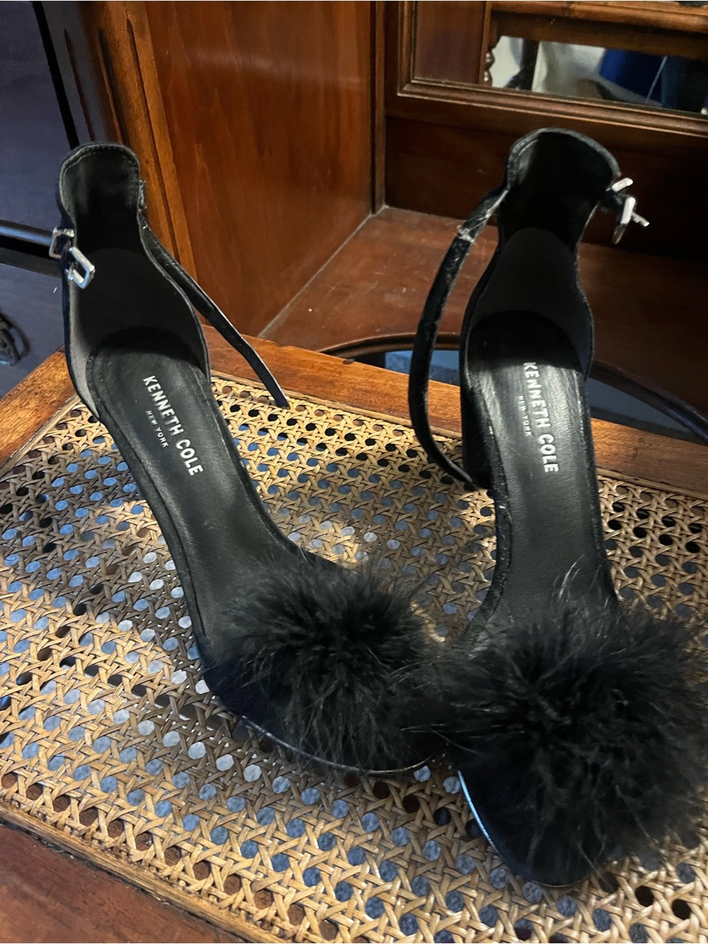 Kenneth Cole Black Ankle-Strap Heels with Pom-Pom Accent